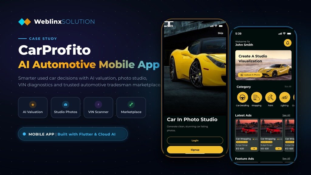 CarProfito AI Automotive Valuation and Marketplace Mobile App case study banner showing Flutter phone mockups and Weblinx Solution engineering