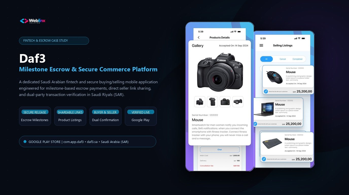 Daf3 secure buying and selling milestone escrow mobile app case study showcase with Android mockups and Weblinx Solution engineering