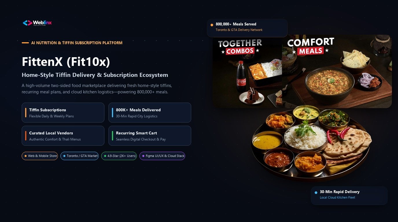 FittenX Fit10x Home-Style Tiffin Delivery & Meal Subscription platform case study with traditional thali platter and bento box mockups