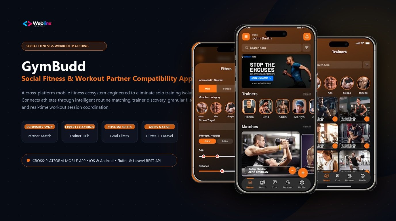 GymBudd social workout matching and fitness companion mobile application case study banner showing Flutter phone mockups and Weblinx Solution branding