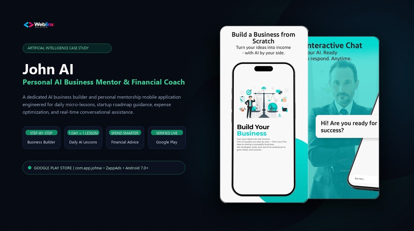 John AI personal business mentor and financial guidance mobile app case study showcase with Android mockups and Weblinx Solution engineering