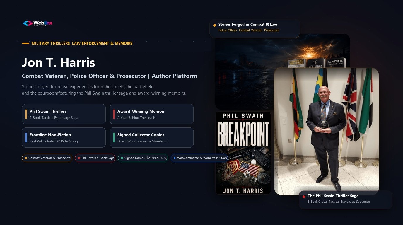 Jon T. Harris Military Thrillers and Author Platform case study with author portrait, Breakpoint signed book cover, and reading room showcase