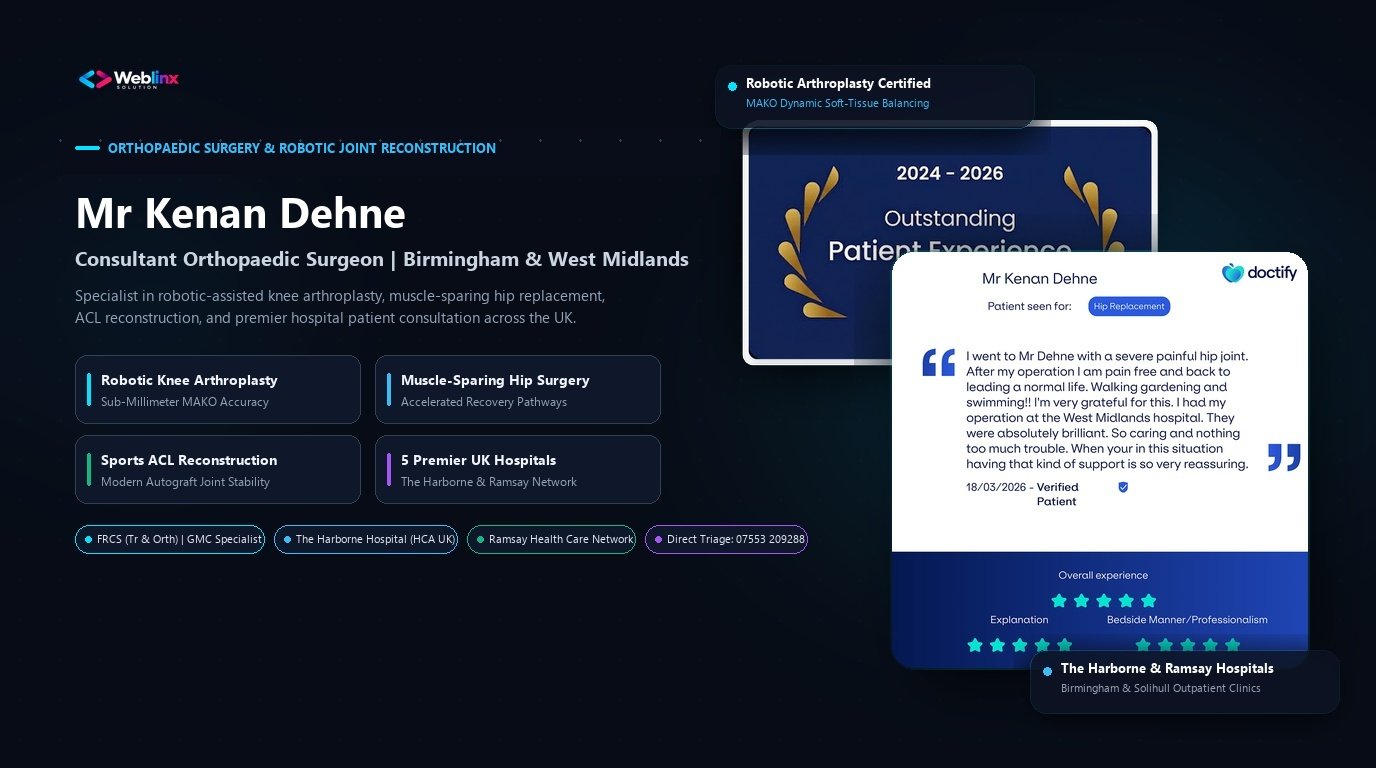 Mr Kenan Dehne Consultant Orthopaedic Surgeon and Robotic Joint Arthroplasty case study with surgeon portrait and robotic theater showcase