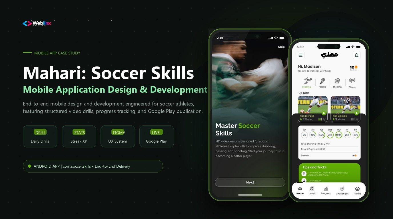 Mahari Soccer Skills mobile application design and development case study showcase with Figma Android mockups and Weblinx Solution branding