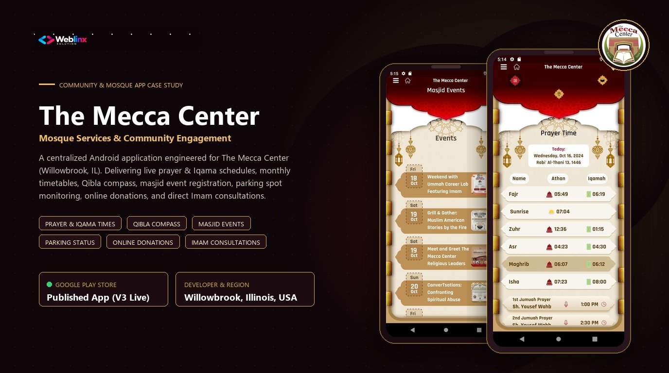 The Mecca Center mosque services and community engagement mobile app case study showcase with Android mockups and Weblinx Solution engineering