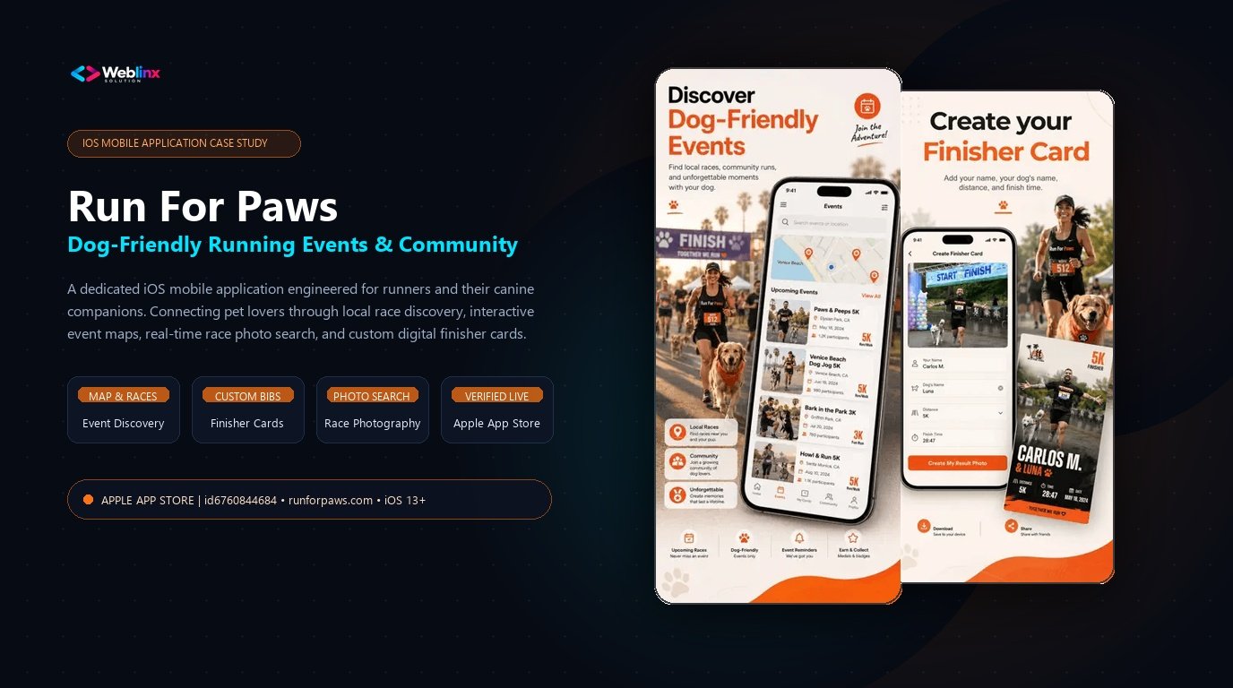 Run For Paws dog-friendly running events mobile app case study showcase with iOS mockups and Weblinx Solution engineering