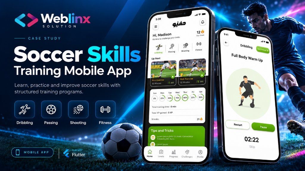 Mahari Soccer Skills Training Mobile App case study banner showing Flutter mobile mockups, drill modules, and Weblinx Solution branding
