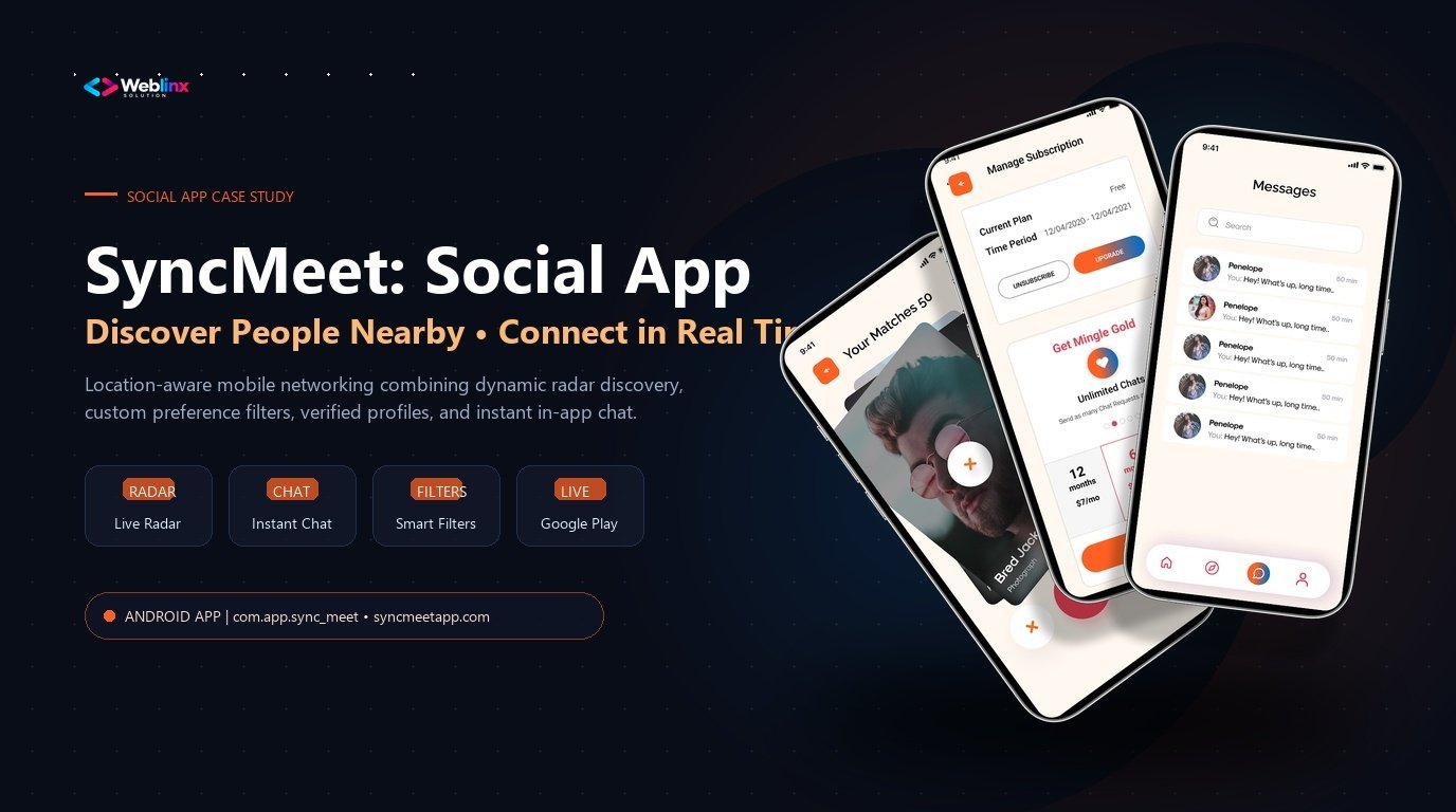 SyncMeet social discovery and nearby networking mobile application case study banner showing Android mockups and Weblinx Solution engineering