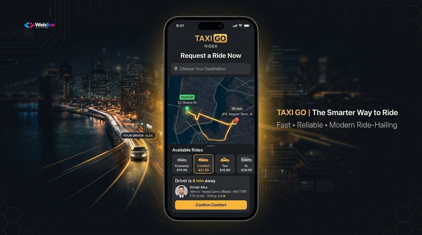 TaxiGo Rider mobile ride-booking and driver tracking application case study showcase with Flutter mobile mockups and Weblinx Solution engineering