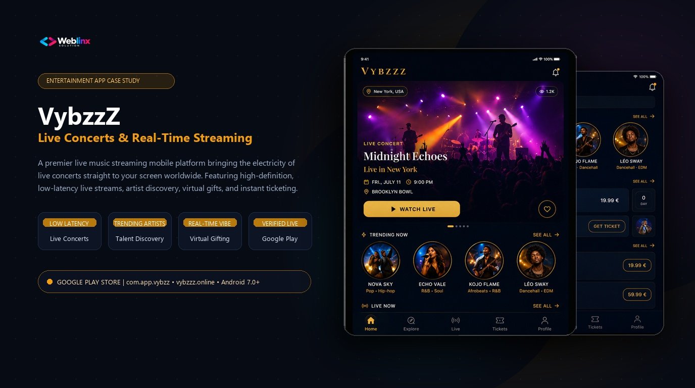 VybzzZ live concert streaming and artist discovery mobile app case study showcase with tablet mockups and Weblinx Solution engineering