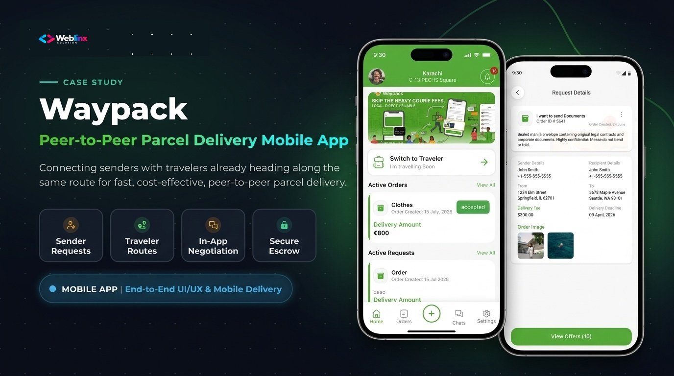 Waypack Peer-to-Peer Parcel Delivery mobile application case study showcase with dual smartphone mockups and Weblinx Solution design architecture