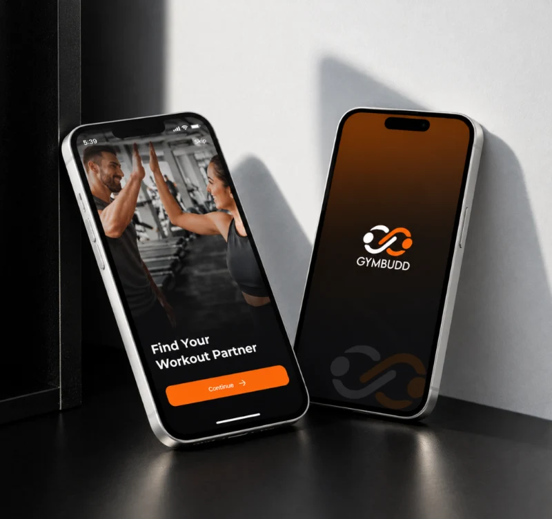 GymBudd social fitness mobile app interface screens showing workout compatibility and partner discovery